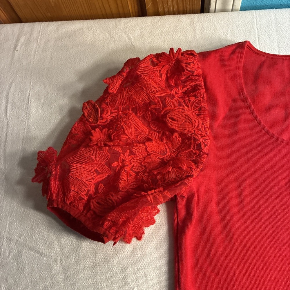 Dolan Women's Top Large Red Lace Puffy Sleeve Blouse Whimsical Romantic Feminine - Picture 4 of 9